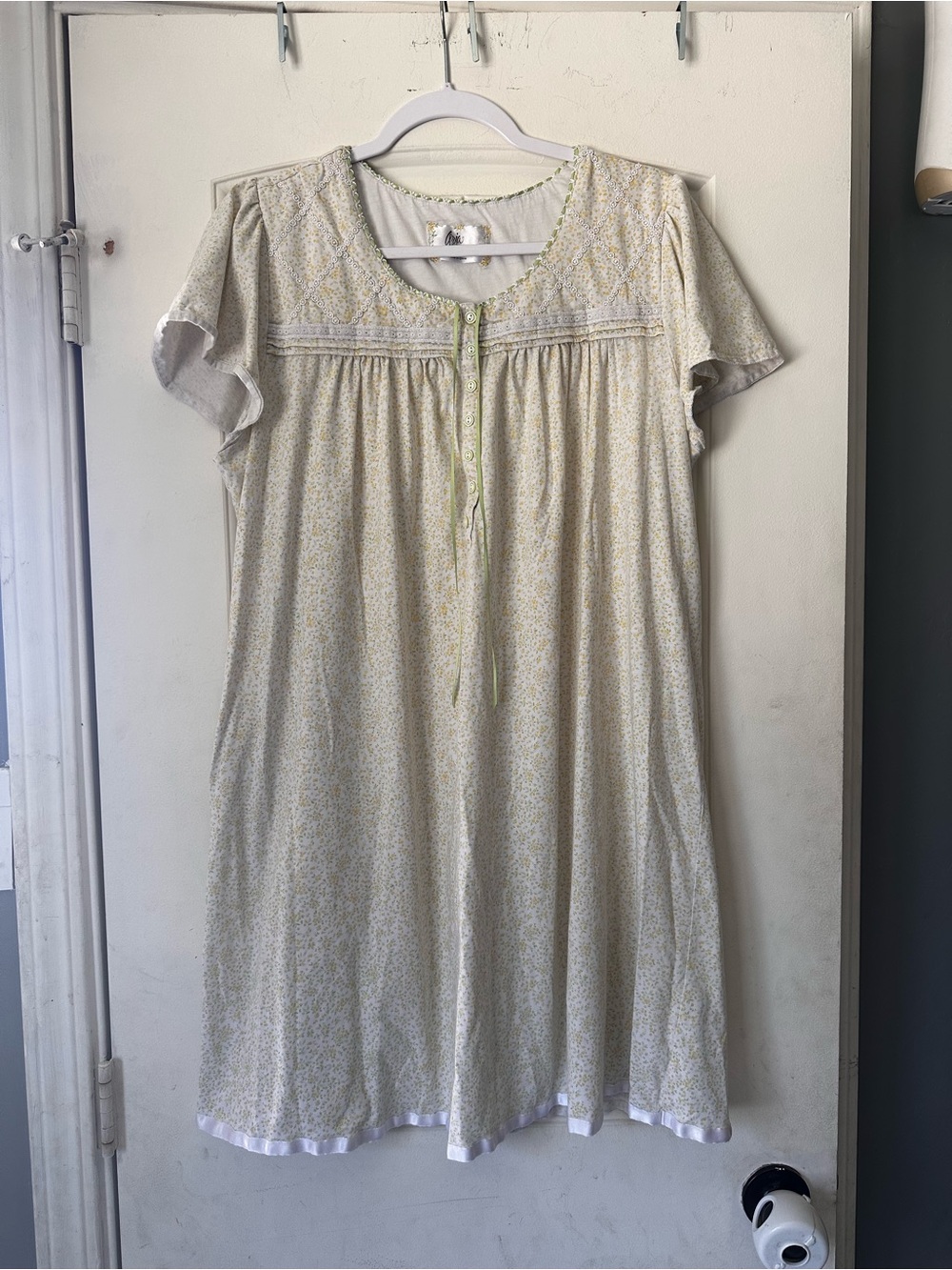 Aria Floral Nightgown Yellow Ditsy Print Lace Trim Short Sleeve Cottagecore-L